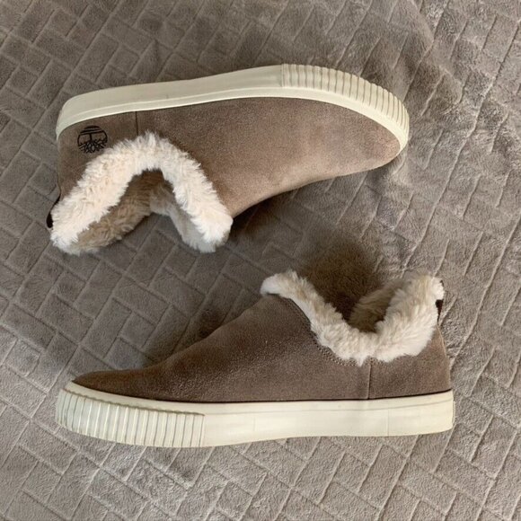 Timberland Women 8.5 Slip On Sneakers Taupe Beige Suede Skyla Bay Faux Fur Lined - Picture 7 of 10